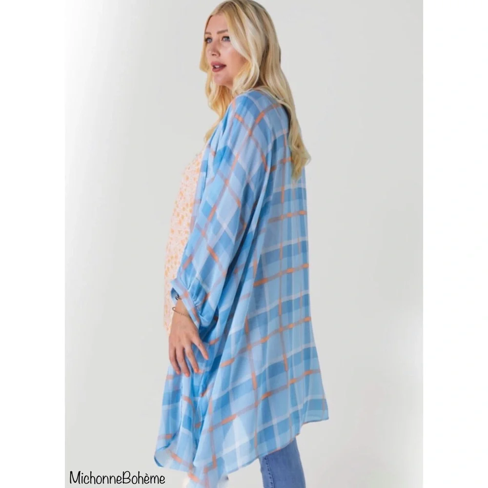 Davi & Dani Light Blue & Orange Plaid Print Kimono Cardigan - Picture 4 of 11